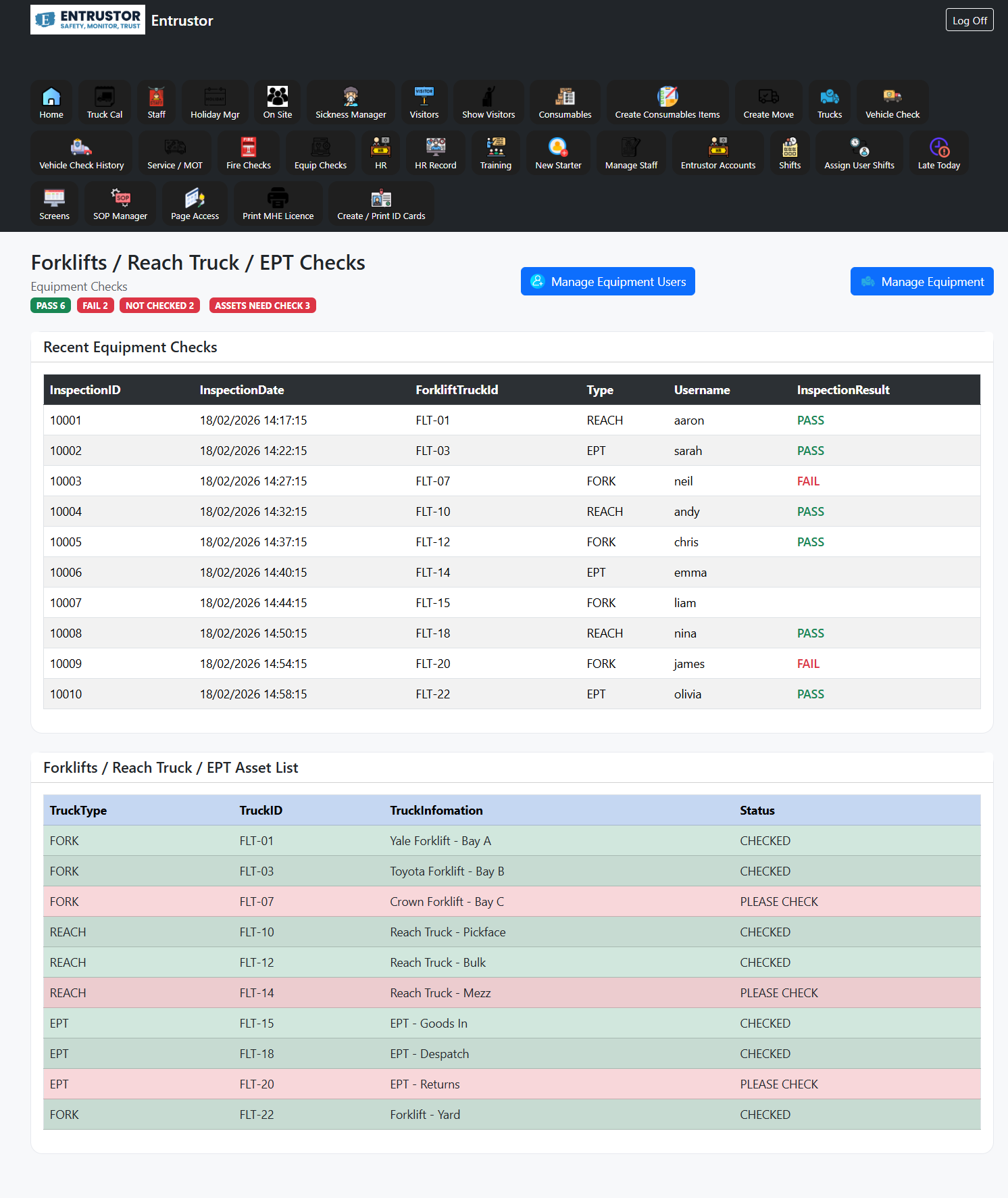 Equipment checks and renewals screenshot