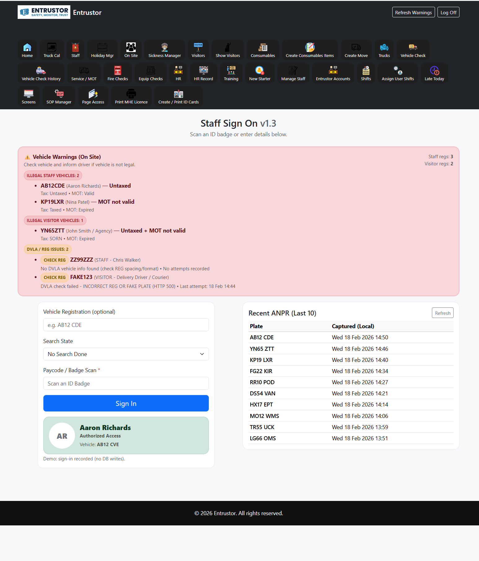 Staff sign-in and on-site dashboard screenshot